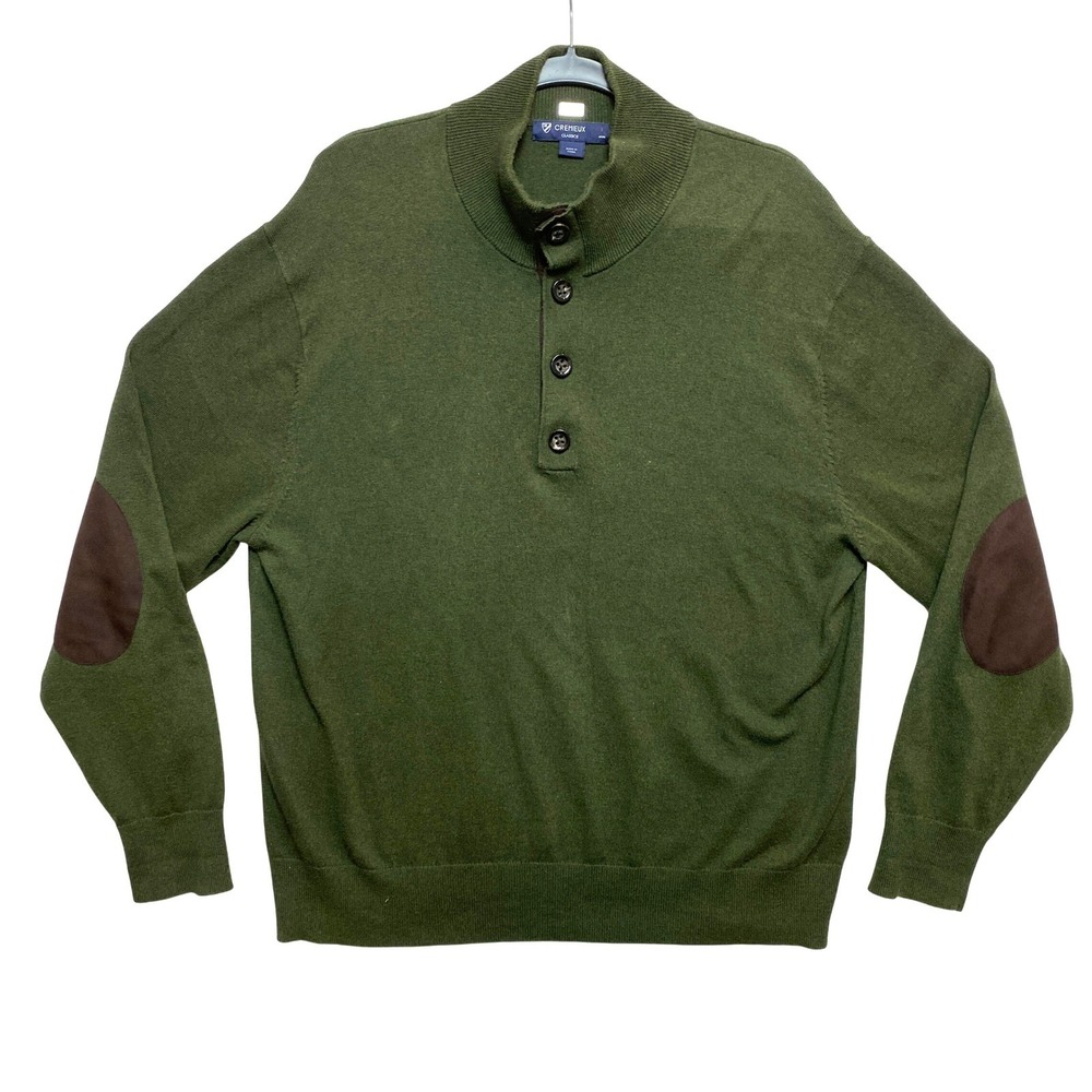 CREMIEUX Sweater Mens Size L Green Elbow Patches Classics Button Neck